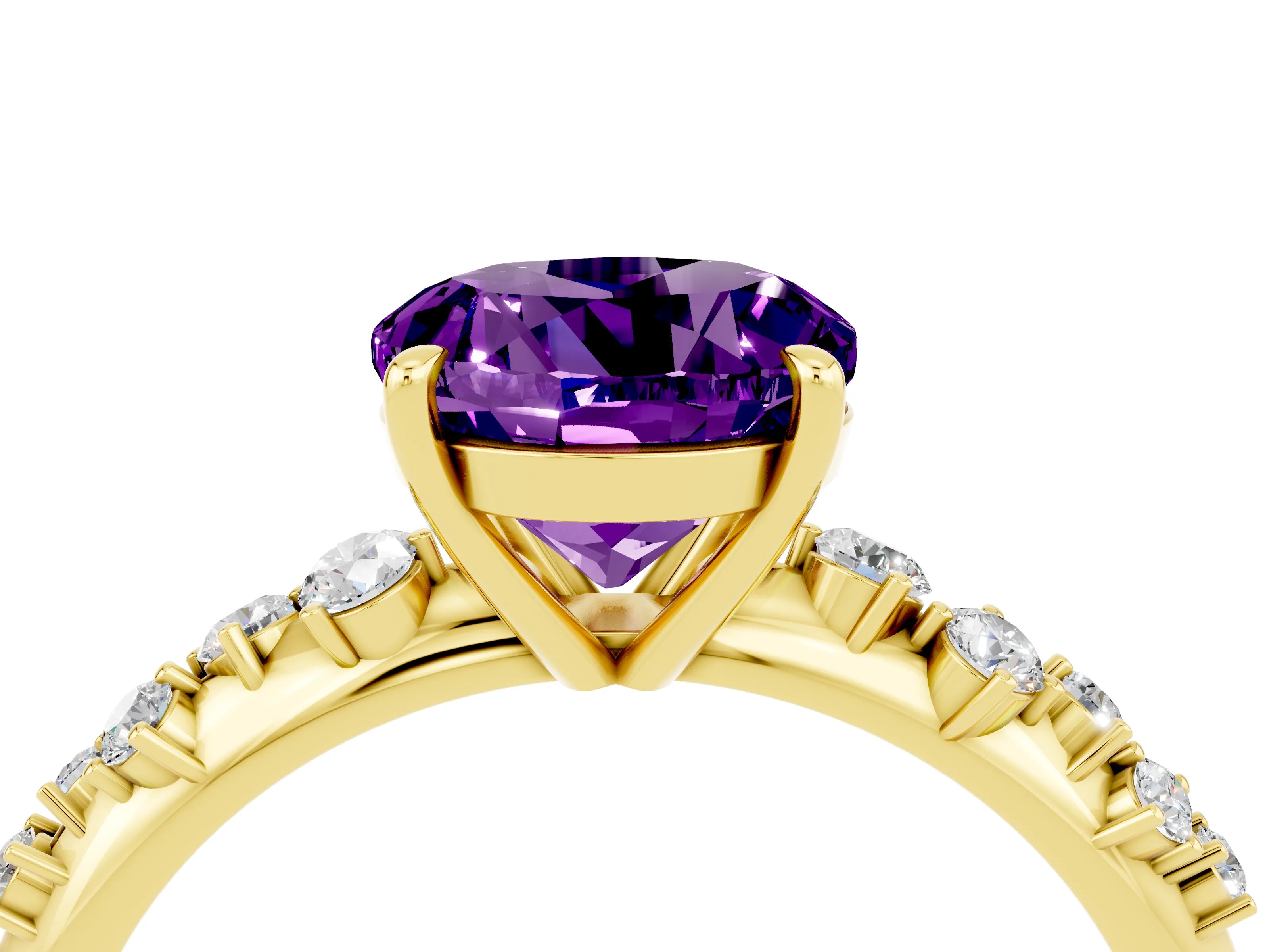 Yellow gold Round Cut Amethyst Cluster Side Stone Solitaire Ring with Prong Setting_28