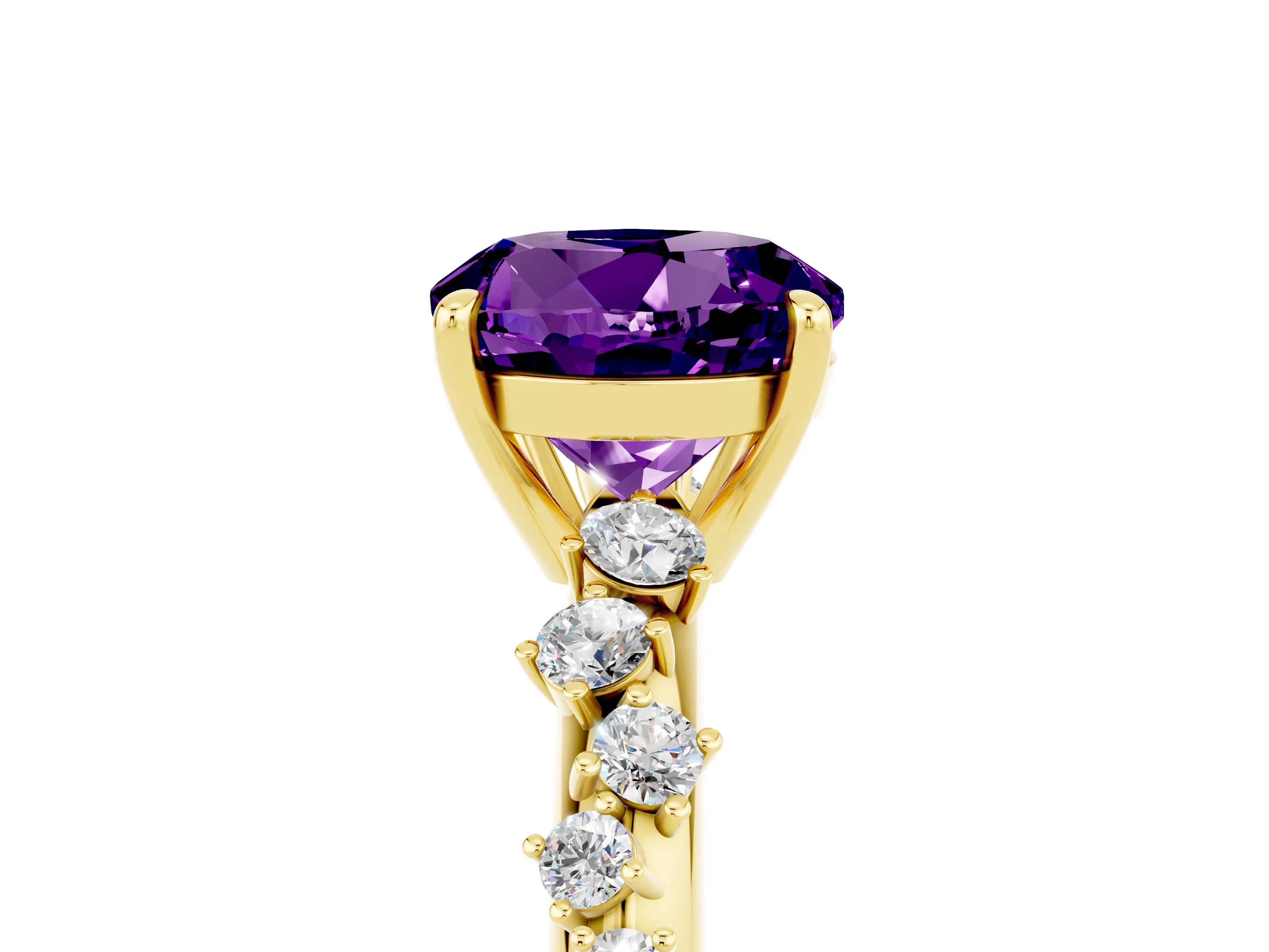 Yellow gold Round Cut Amethyst Cluster Side Stone Solitaire Ring with Prong Setting_29