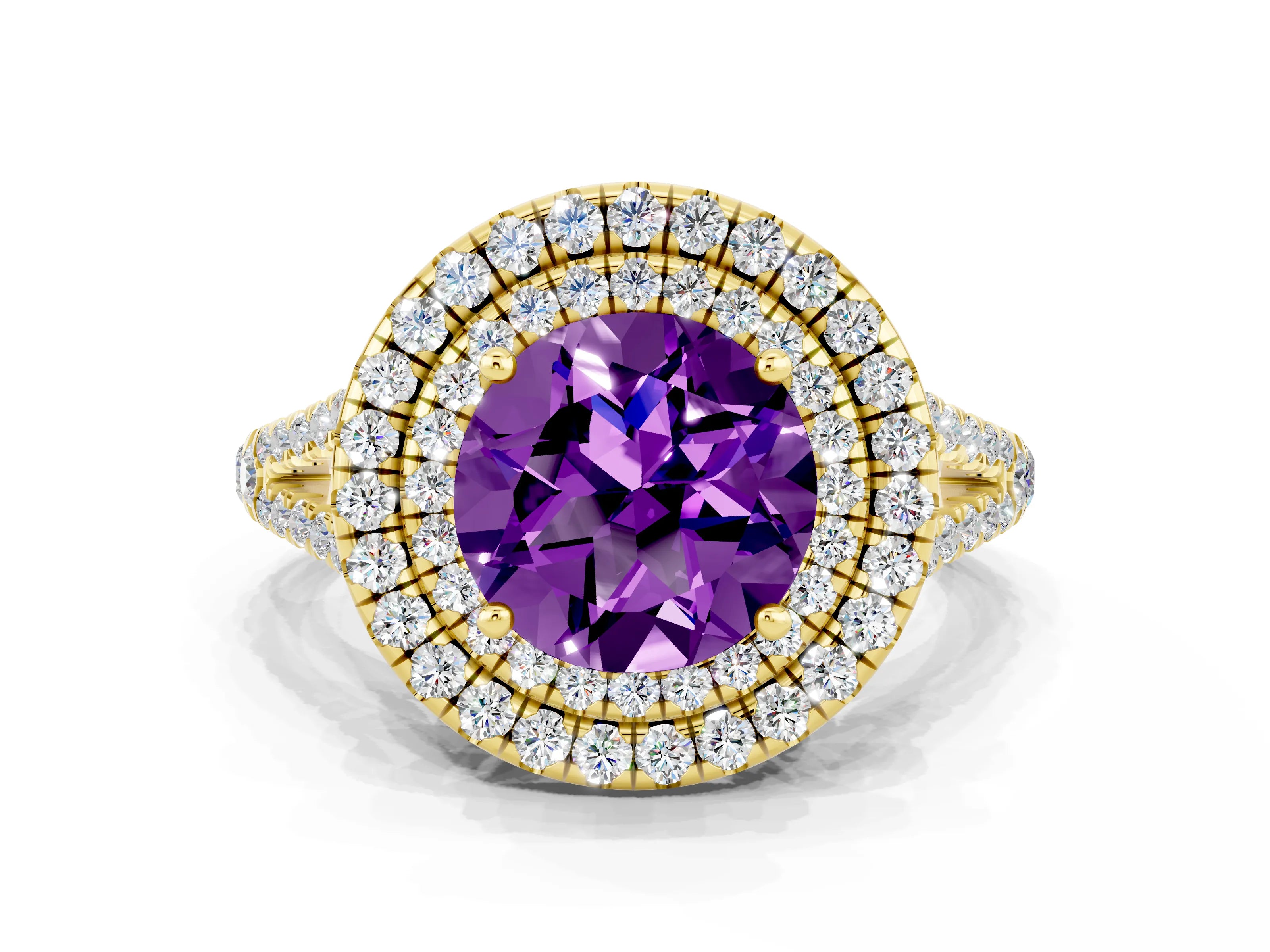 Yellow gold Round Cut Amethyst Double Halo Ring with Pavé Band and Prong Setting_12