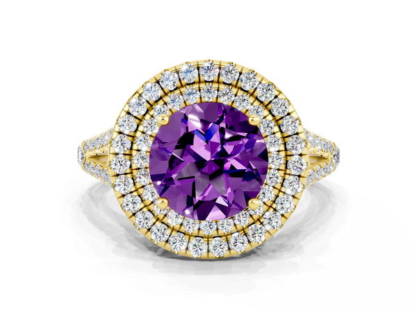 Yellow gold Round Cut Amethyst Double Halo Ring with Pavé Band and Prong Setting