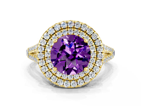 Yellow gold Round Cut Amethyst Double Halo Ring with Pavé Band and Prong Setting_12