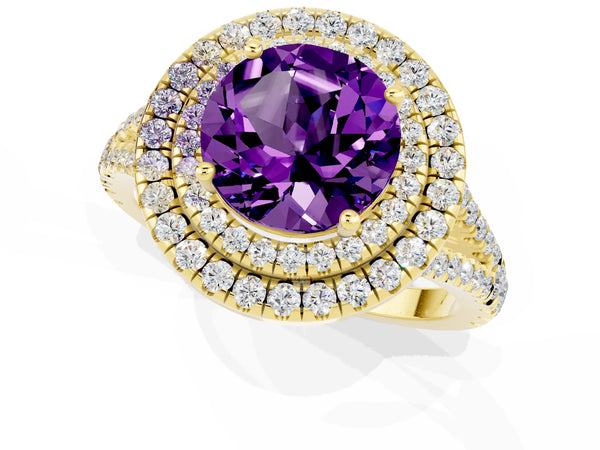 Yellow gold Round Cut Amethyst Double Halo Ring with Pavé Band and Prong Setting