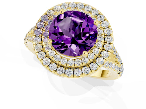 Yellow gold Round Cut Amethyst Double Halo Ring with Pavé Band and Prong Setting_13
