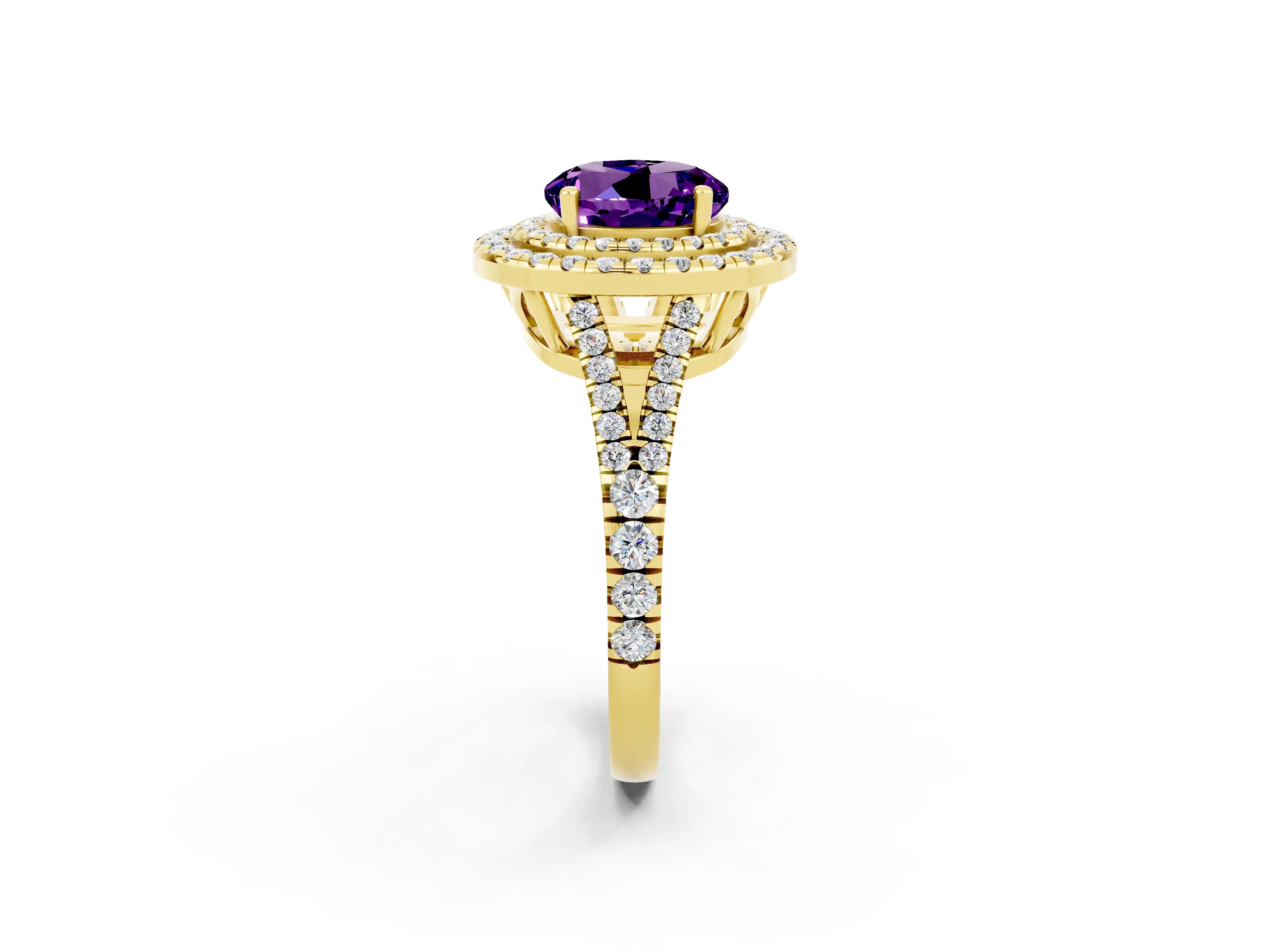Yellow gold Round Cut Amethyst Double Halo Ring with Pavé Band and Prong Setting_14