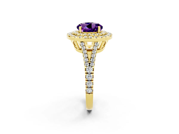 Yellow gold Round Cut Amethyst Double Halo Ring with Pavé Band and Prong Setting