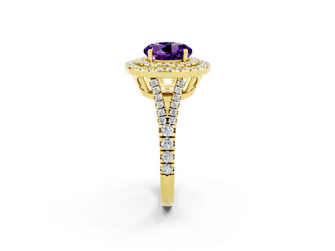 Yellow gold Round Cut Amethyst Double Halo Ring with Pavé Band and Prong Setting_14
