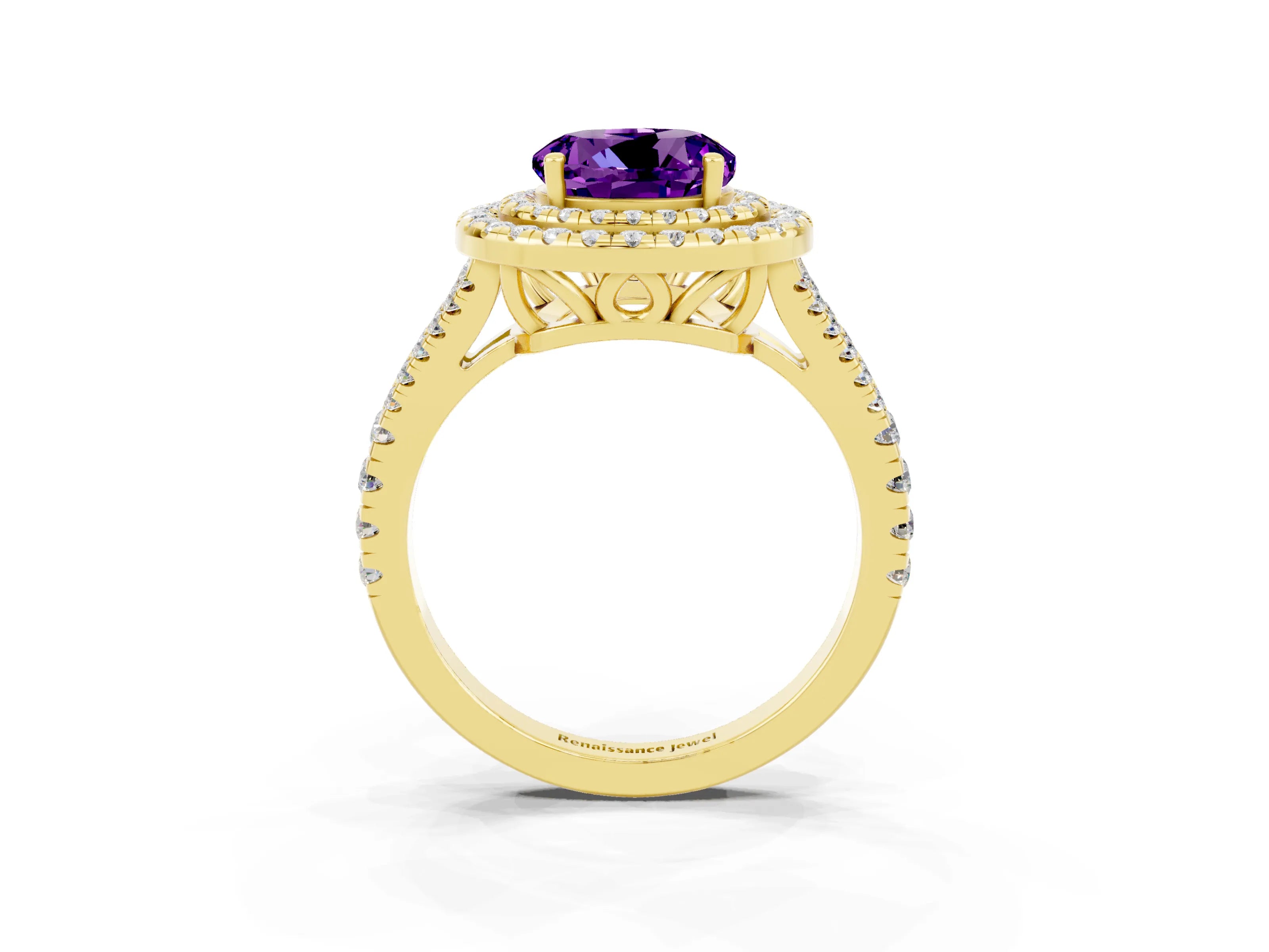 Yellow gold Round Cut Amethyst Double Halo Ring with Pavé Band and Prong Setting_15