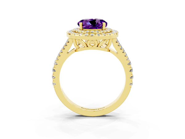 Yellow gold Round Cut Amethyst Double Halo Ring with Pavé Band and Prong Setting