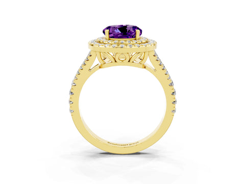 Yellow gold Round Cut Amethyst Double Halo Ring with Pavé Band and Prong Setting_15