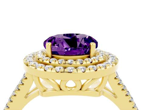 Yellow gold Round Cut Amethyst Double Halo Ring with Pavé Band and Prong Setting_16