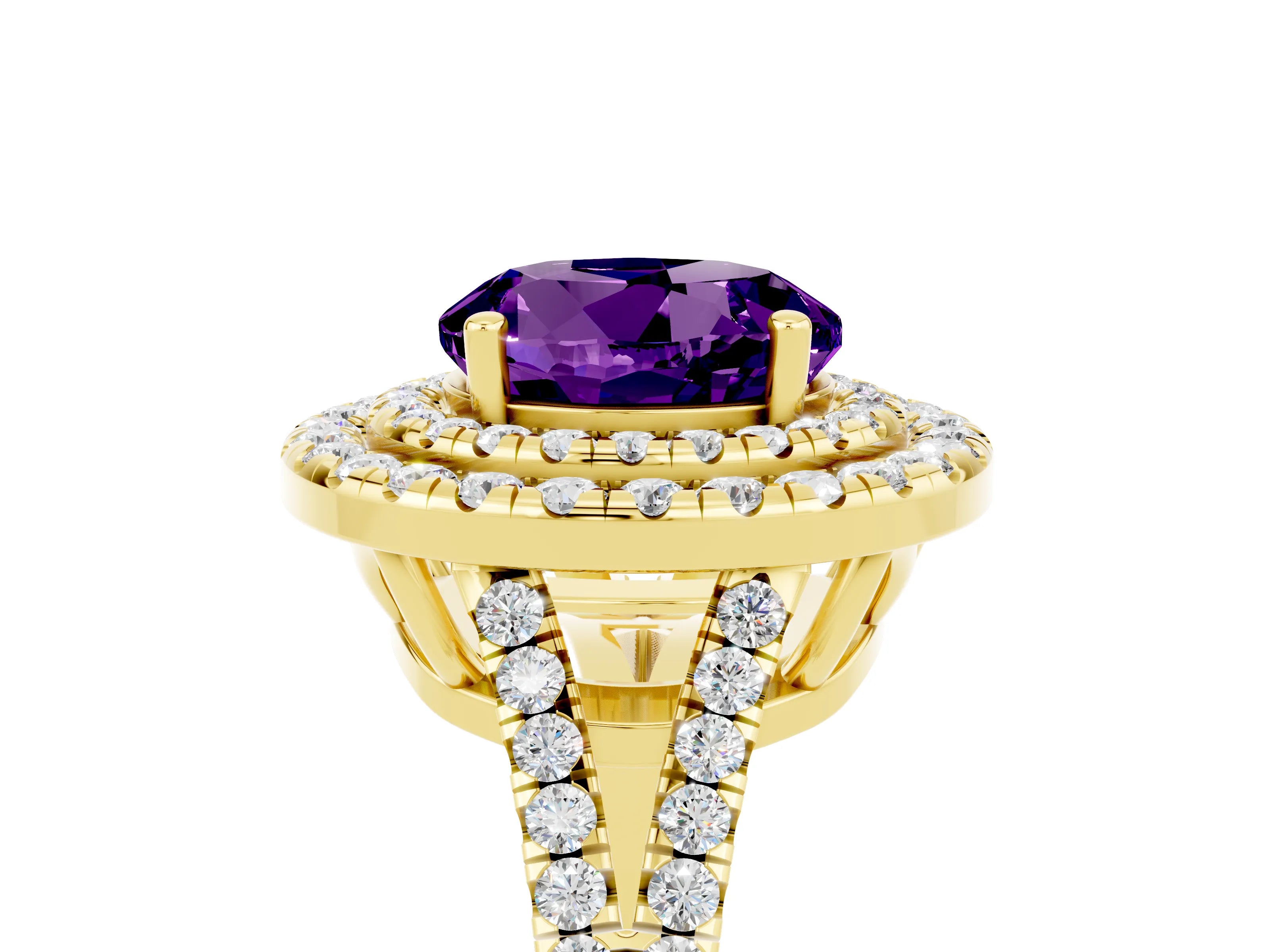 Yellow gold Round Cut Amethyst Double Halo Ring with Pavé Band and Prong Setting_17