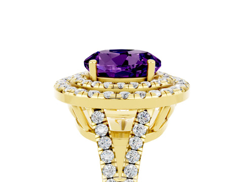 Yellow gold Round Cut Amethyst Double Halo Ring with Pavé Band and Prong Setting_17