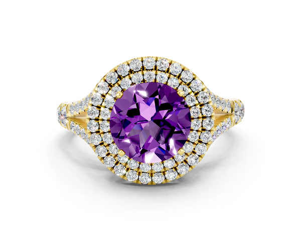 Yellow gold Round Cut Amethyst Double Halo Ring with Split Shank and Prong Setting