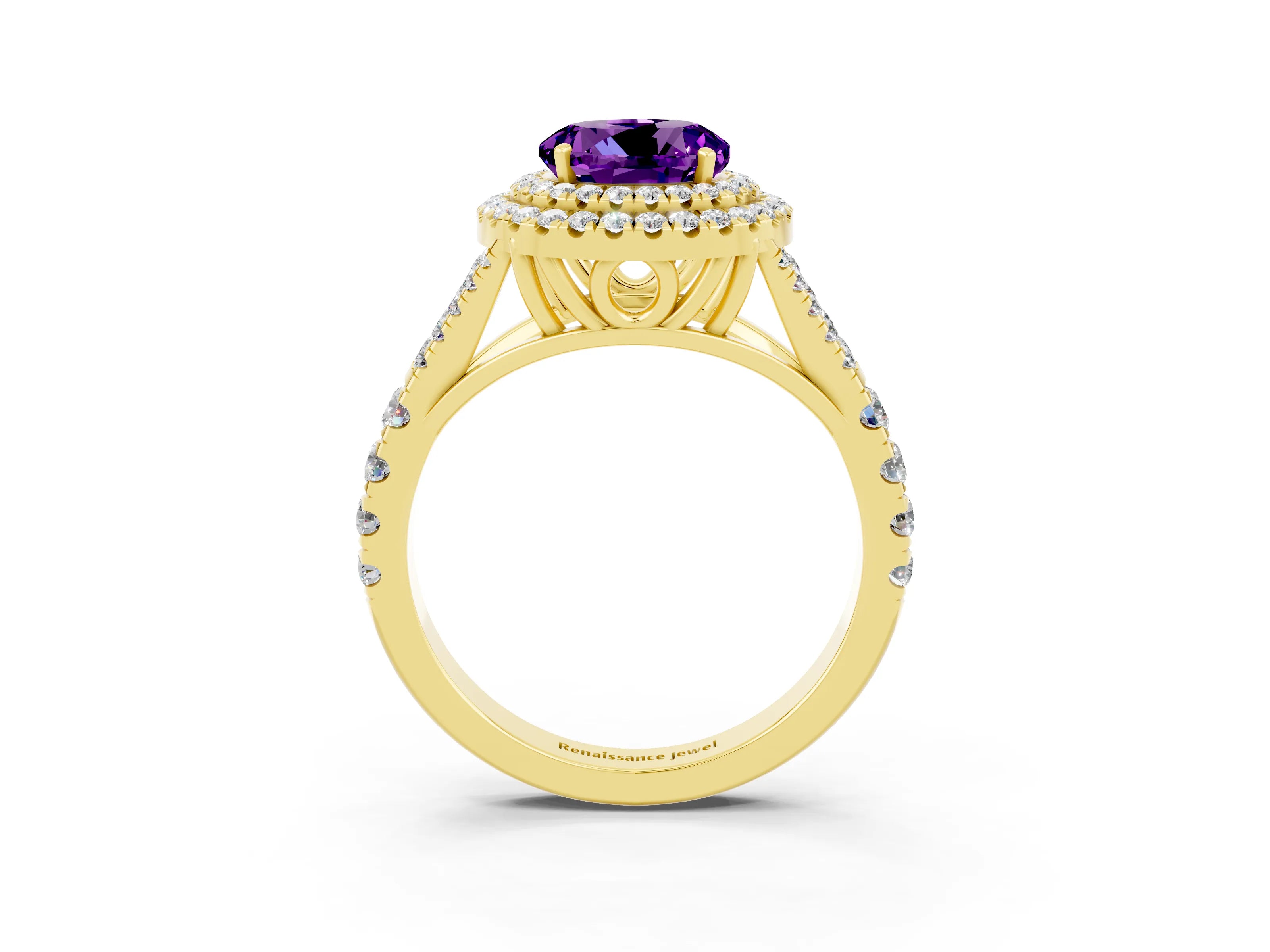 Yellow gold Round Cut Amethyst Double Halo Ring with Split Shank and Prong Setting_15