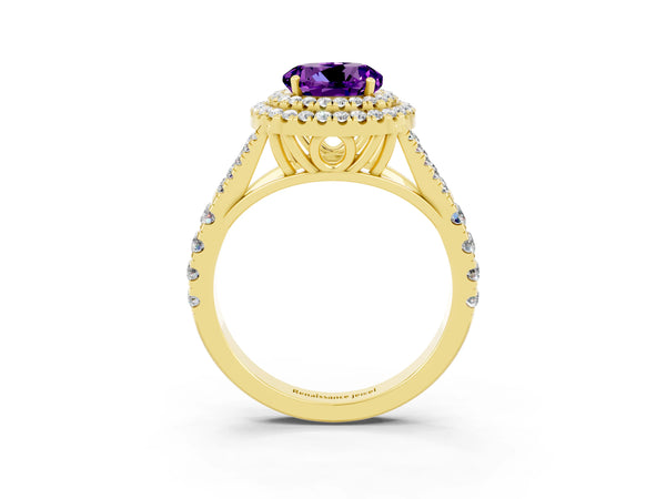 Yellow gold Round Cut Amethyst Double Halo Ring with Split Shank and Prong Setting