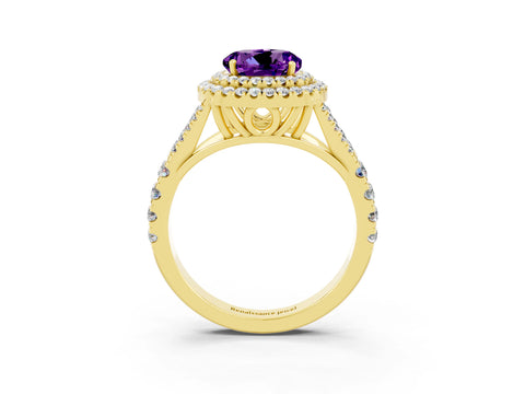 Yellow gold Round Cut Amethyst Double Halo Ring with Split Shank and Prong Setting_15