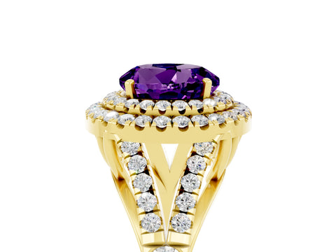 Yellow gold Round Cut Amethyst Double Halo Ring with Split Shank and Prong Setting_17
