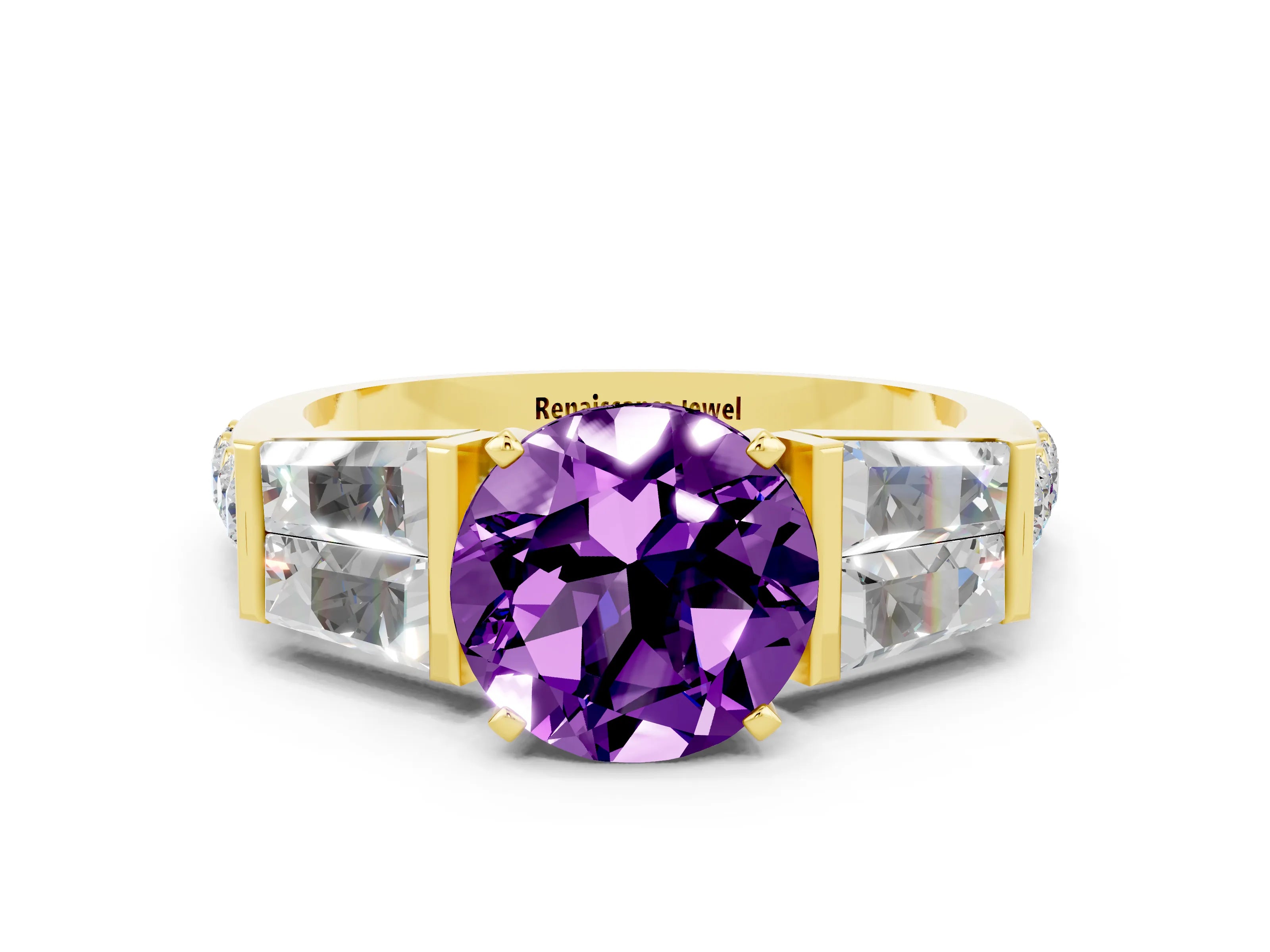 Yellow gold Round Cut Amethyst Engagement Ring with Baguette Side Stones and Channel Set Band