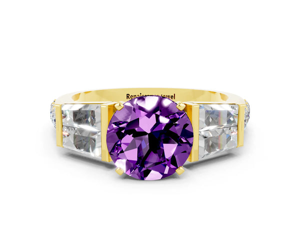 Yellow gold Round Cut Amethyst Engagement Ring with Baguette Side Stones and Channel Set Band