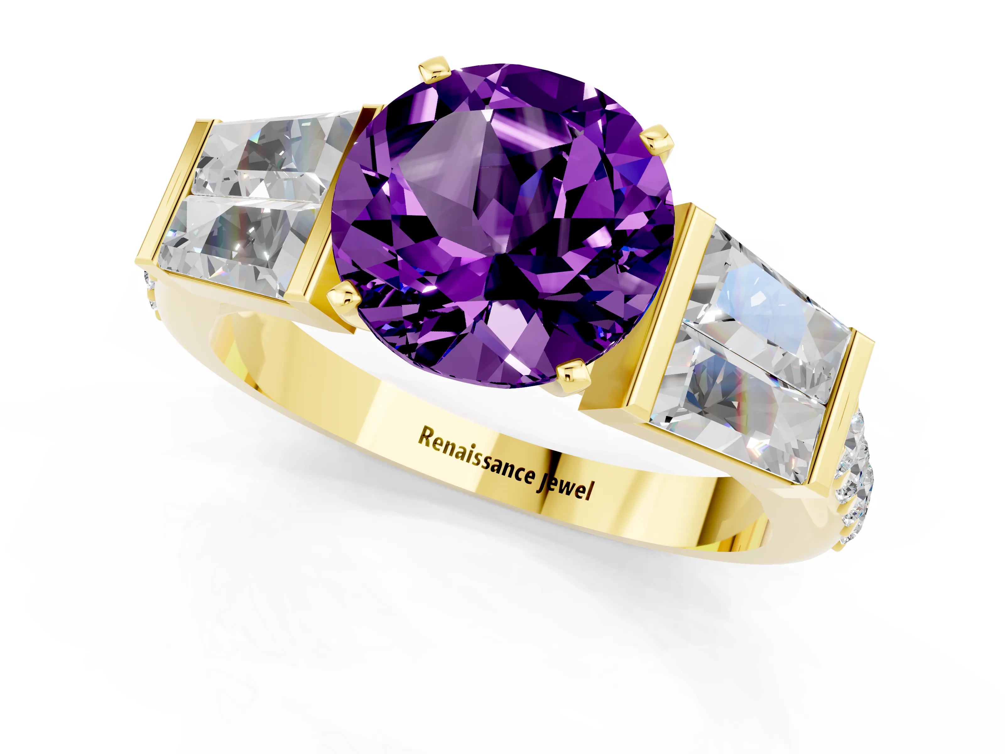 Yellow gold Round Cut Amethyst Engagement Ring with Baguette Side Stones and Channel Set Band_1