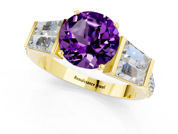 Yellow gold Round Cut Amethyst Engagement Ring with Baguette Side Stones and Channel Set Band