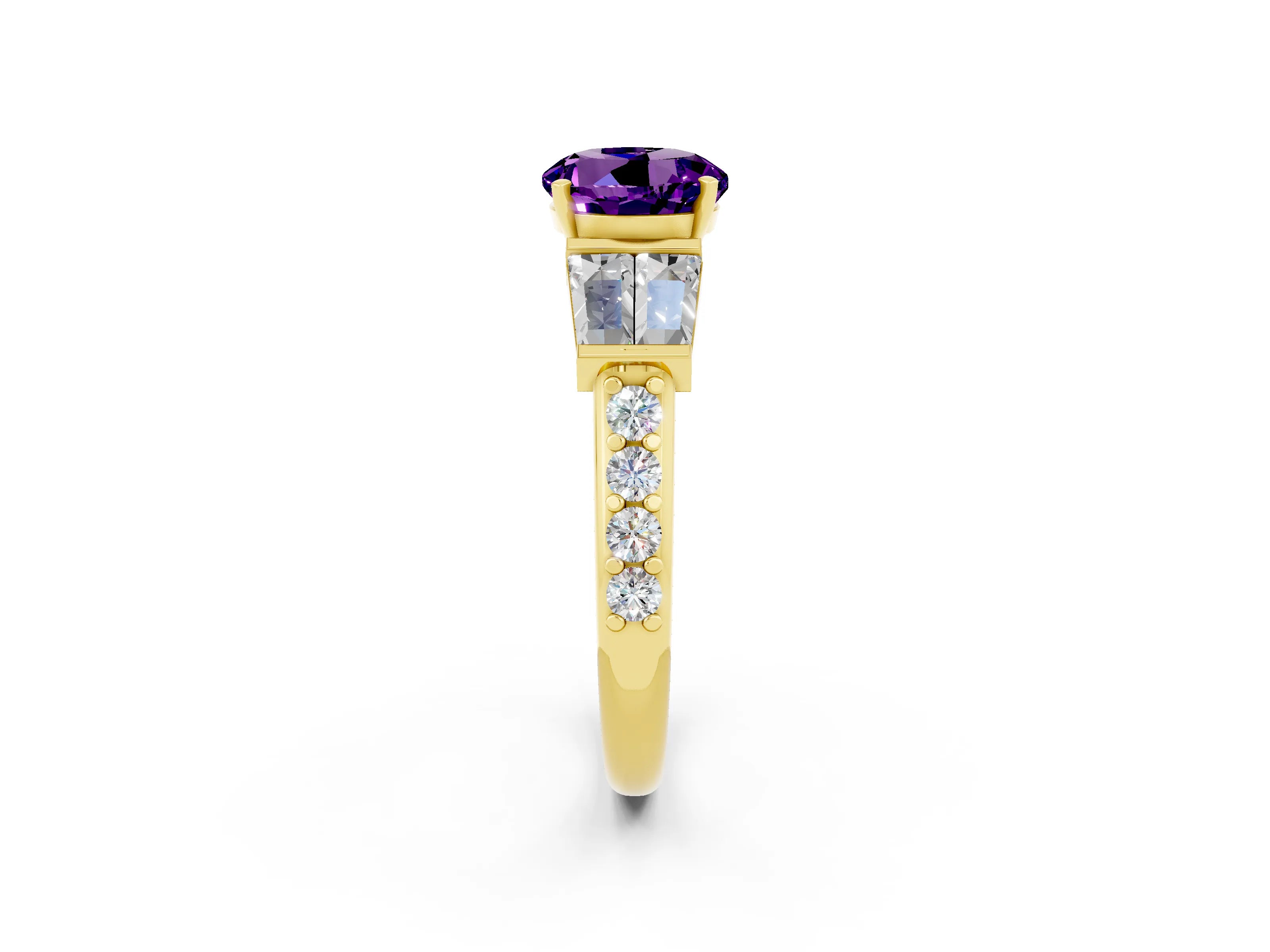Yellow gold Round Cut Amethyst Engagement Ring with Baguette Side Stones and Channel Set Band_2