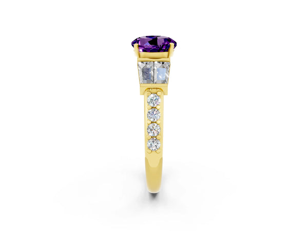 Yellow gold Round Cut Amethyst Engagement Ring with Baguette Side Stones and Channel Set Band
