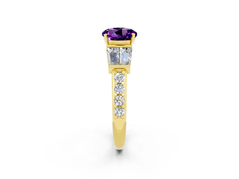 Yellow gold Round Cut Amethyst Engagement Ring with Baguette Side Stones and Channel Set Band_2