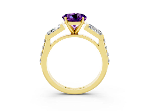 Yellow gold Round Cut Amethyst Engagement Ring with Baguette Side Stones and Channel Set Band