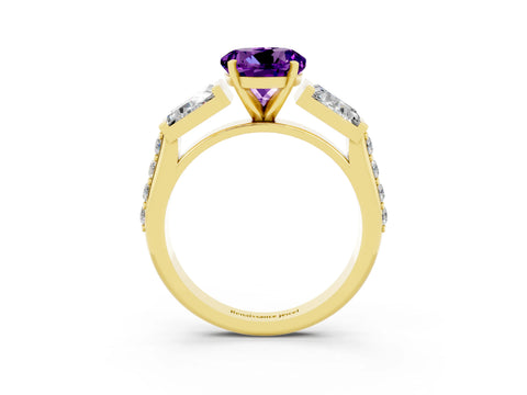 Yellow gold Round Cut Amethyst Engagement Ring with Baguette Side Stones and Channel Set Band_3