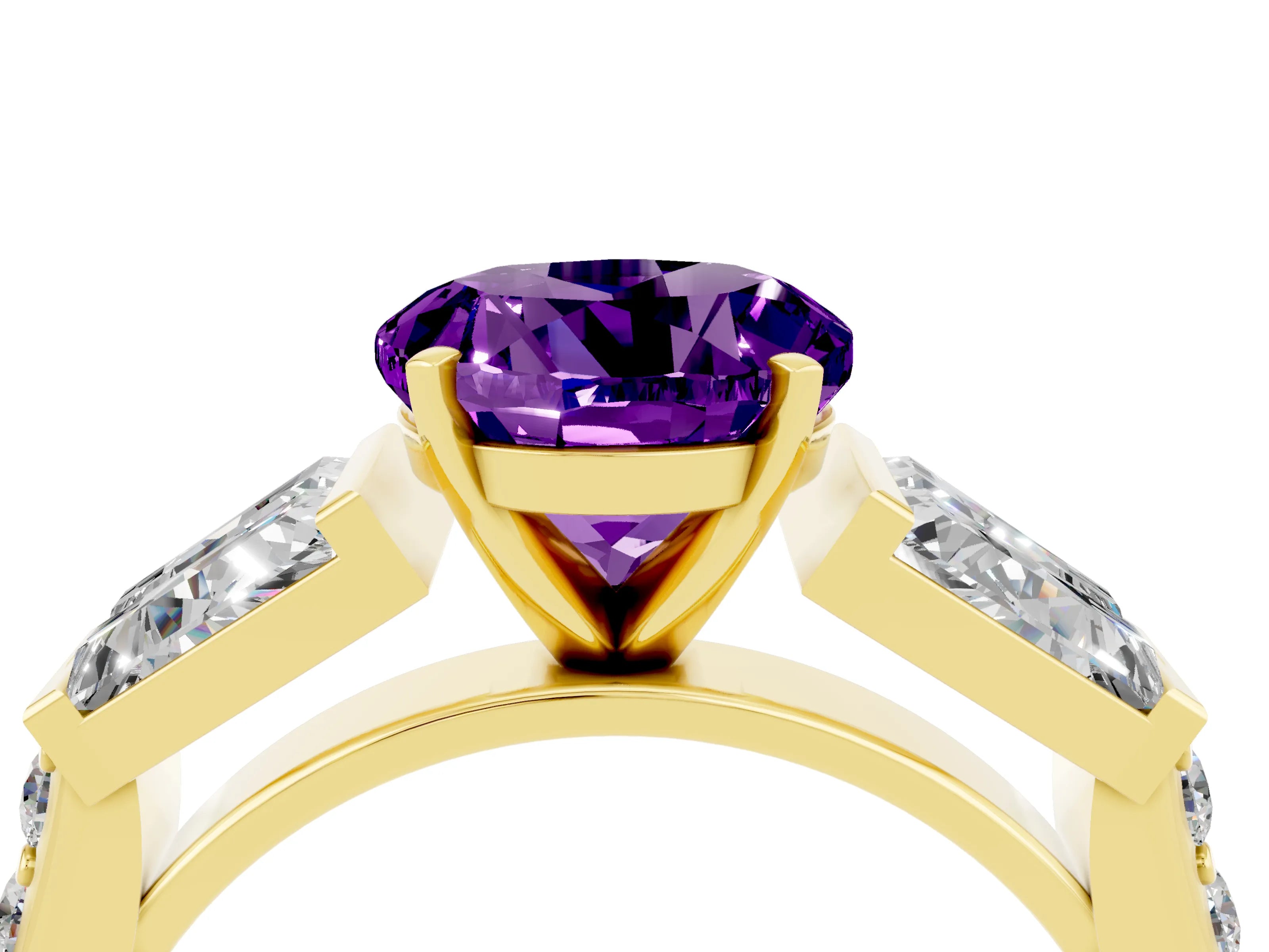 Yellow gold Round Cut Amethyst Engagement Ring with Baguette Side Stones and Channel Set Band_4