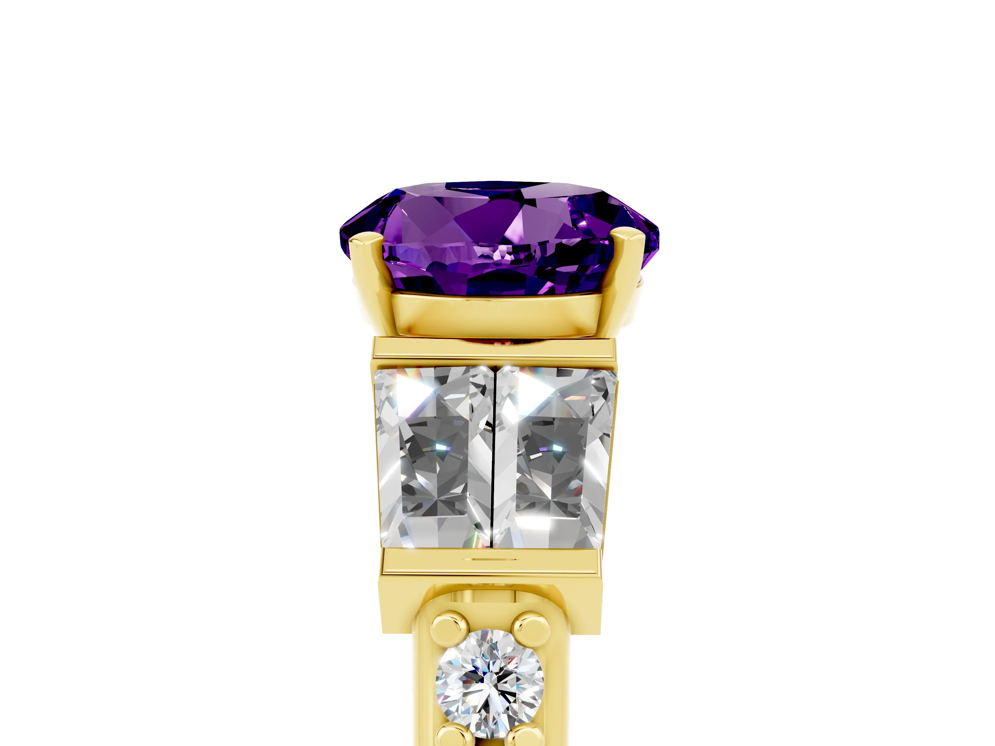 Yellow gold Round Cut Amethyst Engagement Ring with Baguette Side Stones and Channel Set Band_5