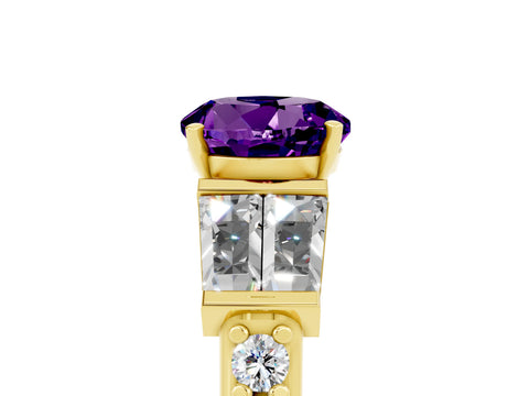 Yellow gold Round Cut Amethyst Engagement Ring with Baguette Side Stones and Channel Set Band_5