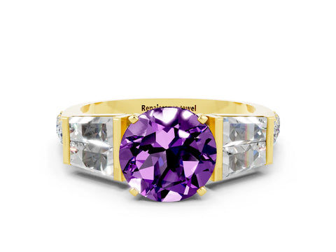 Yellow gold Round Cut Amethyst Engagement Ring with Baguette Side Stones and Channel Set Band