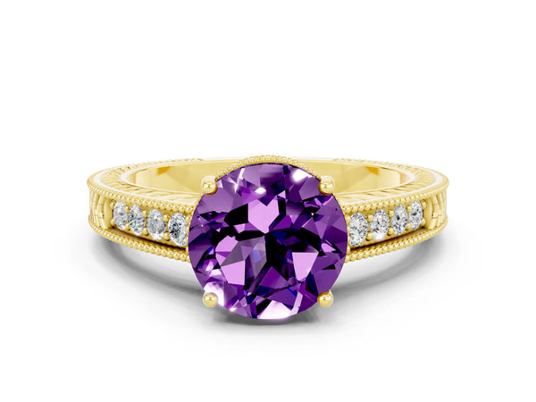 Yellow gold Round Cut Amethyst Engagement Ring with Milgrain Channel Set Band and Prong Setting