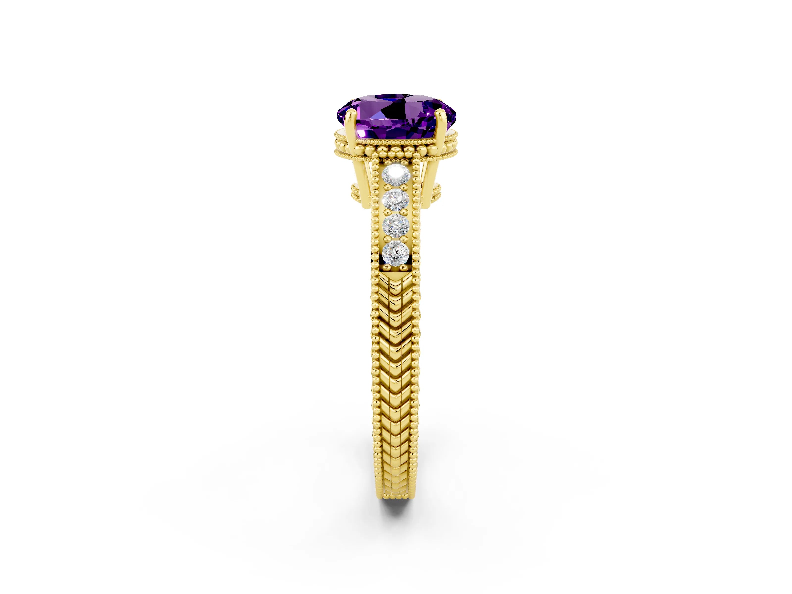 Yellow gold Round Cut Amethyst Engagement Ring with Milgrain Channel Set Band and Prong Setting_2