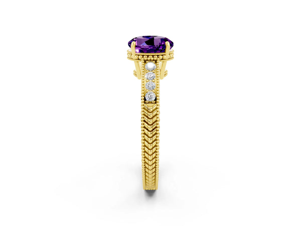 Yellow gold Round Cut Amethyst Engagement Ring with Milgrain Channel Set Band and Prong Setting