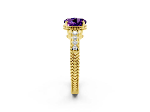 Yellow gold Round Cut Amethyst Engagement Ring with Milgrain Channel Set Band and Prong Setting_2