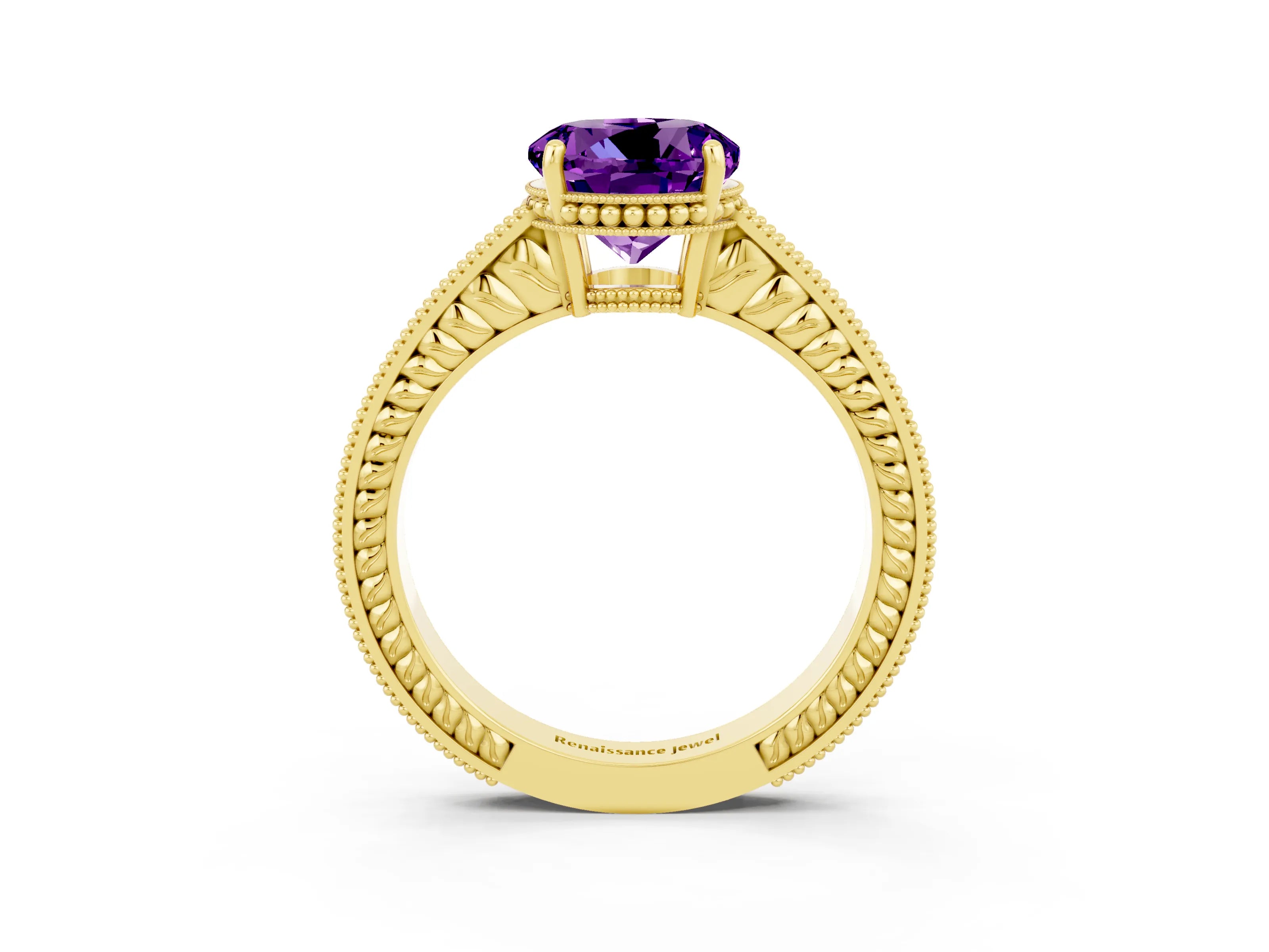 Yellow gold Round Cut Amethyst Engagement Ring with Milgrain Channel Set Band and Prong Setting_3