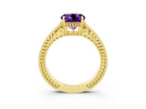 Yellow gold Round Cut Amethyst Engagement Ring with Milgrain Channel Set Band and Prong Setting_3
