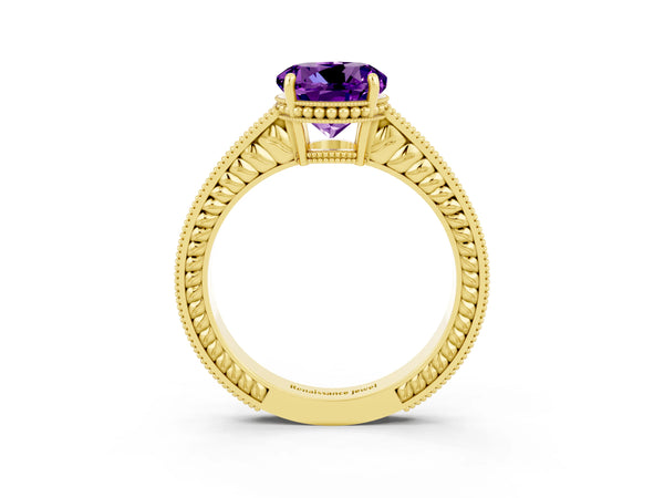 Yellow gold Round Cut Amethyst Engagement Ring with Milgrain Channel Set Band and Prong Setting