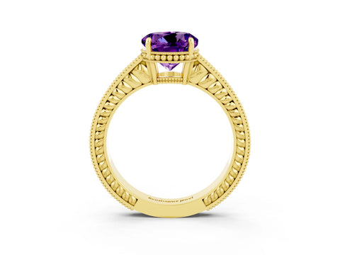Yellow gold Round Cut Amethyst Engagement Ring with Milgrain Channel Set Band and Prong Setting_3