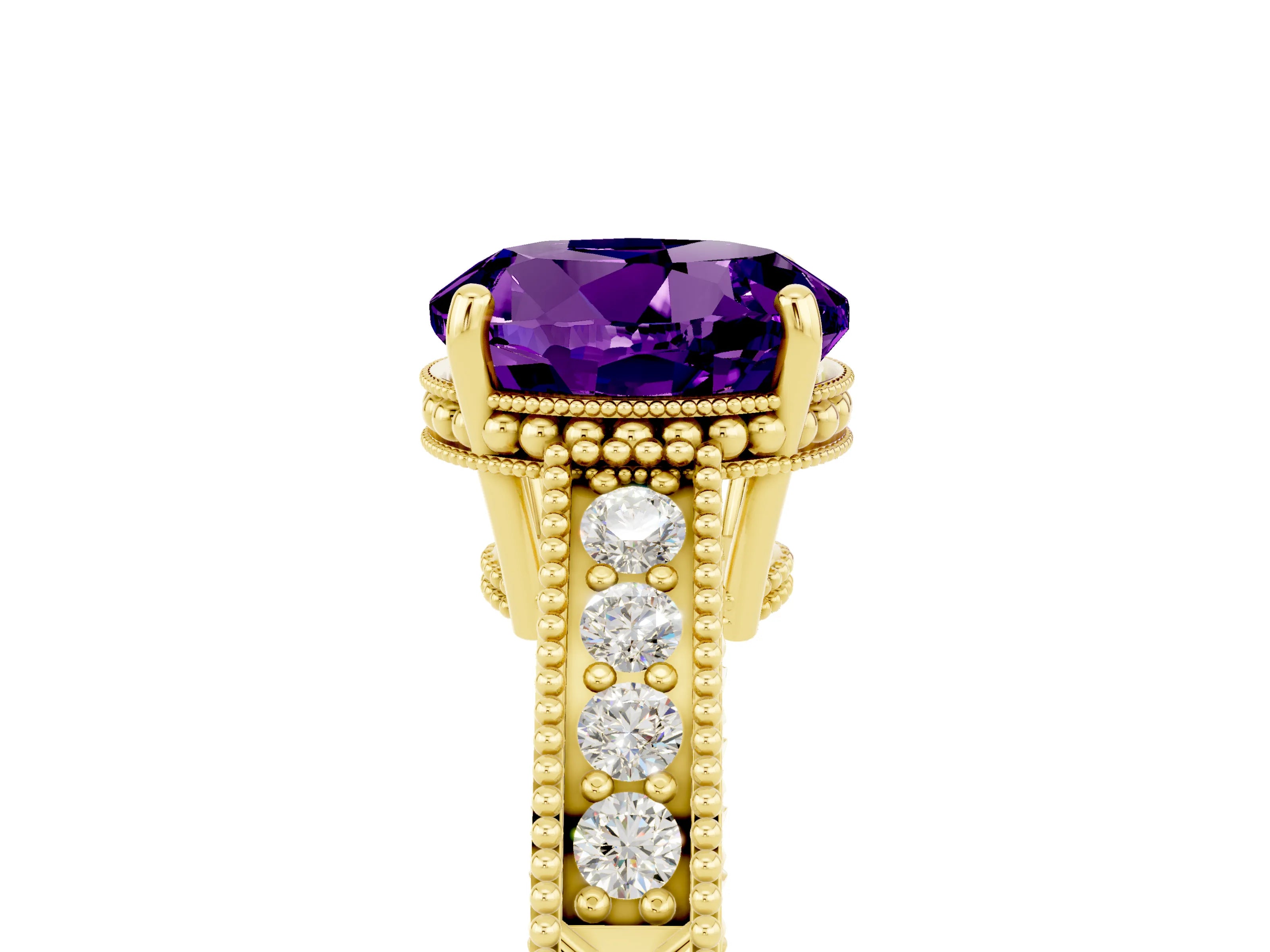 Yellow gold Round Cut Amethyst Engagement Ring with Milgrain Channel Set Band and Prong Setting_5