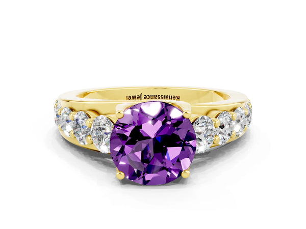 Yellow gold Round Cut Amethyst Engagement Ring with Pavé Band and Four-Prong Setting