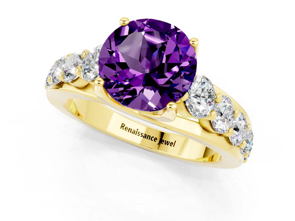 Yellow gold Round Cut Amethyst Engagement Ring with Pavé Band and Four-Prong Setting