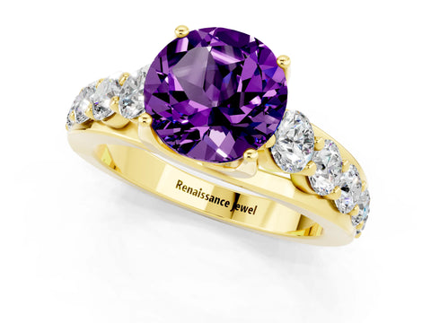 Yellow gold Round Cut Amethyst Engagement Ring with Pavé Band and Four-Prong Setting_1