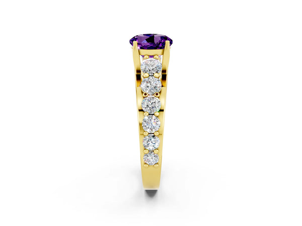Yellow gold Round Cut Amethyst Engagement Ring with Pavé Band and Four-Prong Setting