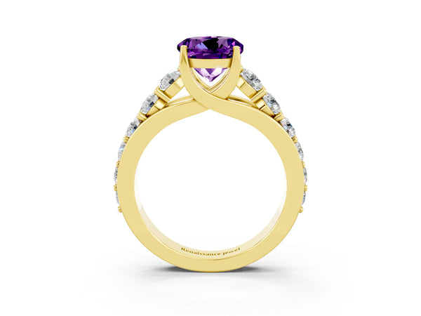 Yellow gold Round Cut Amethyst Engagement Ring with Pavé Band and Four-Prong Setting
