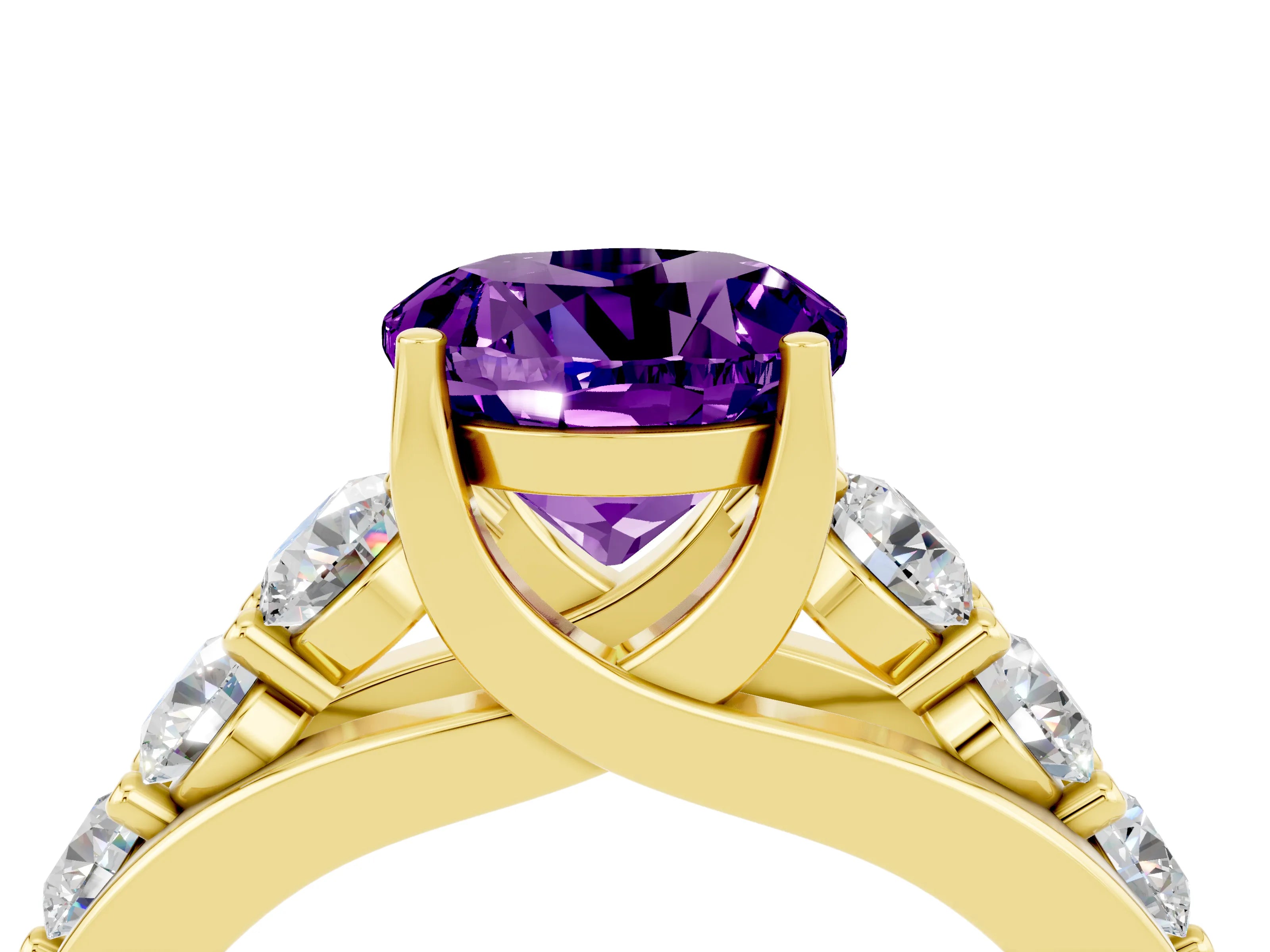 Yellow gold Round Cut Amethyst Engagement Ring with Pavé Band and Four-Prong Setting_4