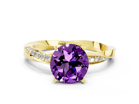 Yellow gold Round Cut Amethyst Engagement Ring with Side Stone Accents and Four-Prong Setting_27